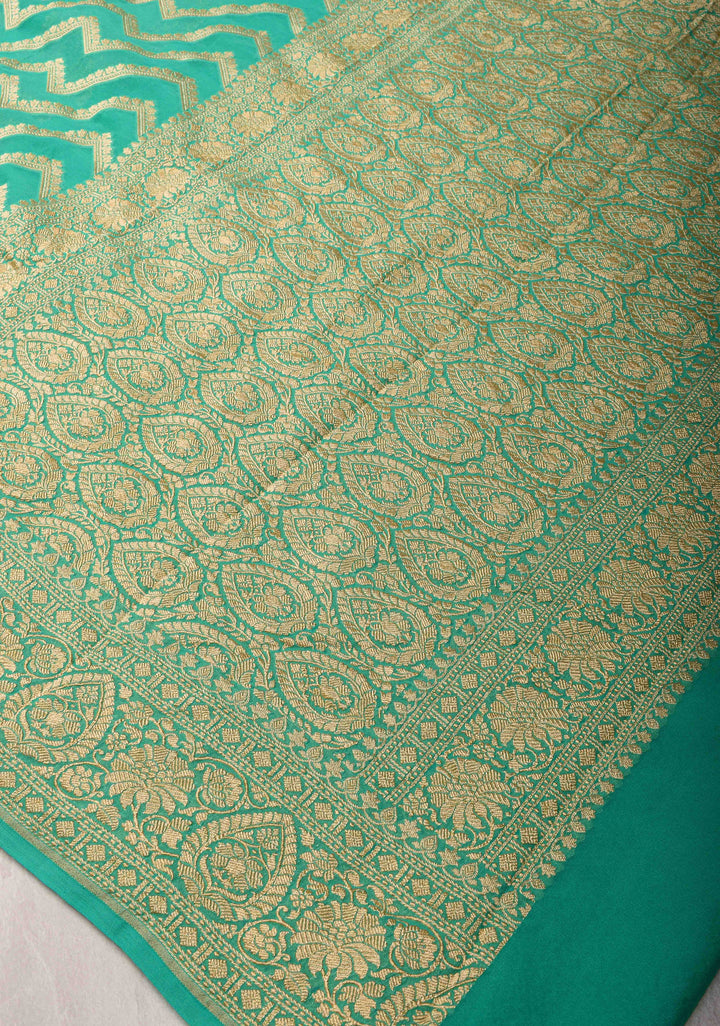 Sea Green Banarasi Georgette Silk Saree with Floral Chevron Pattern and Zari Border | SILK MARK CRTIFIED