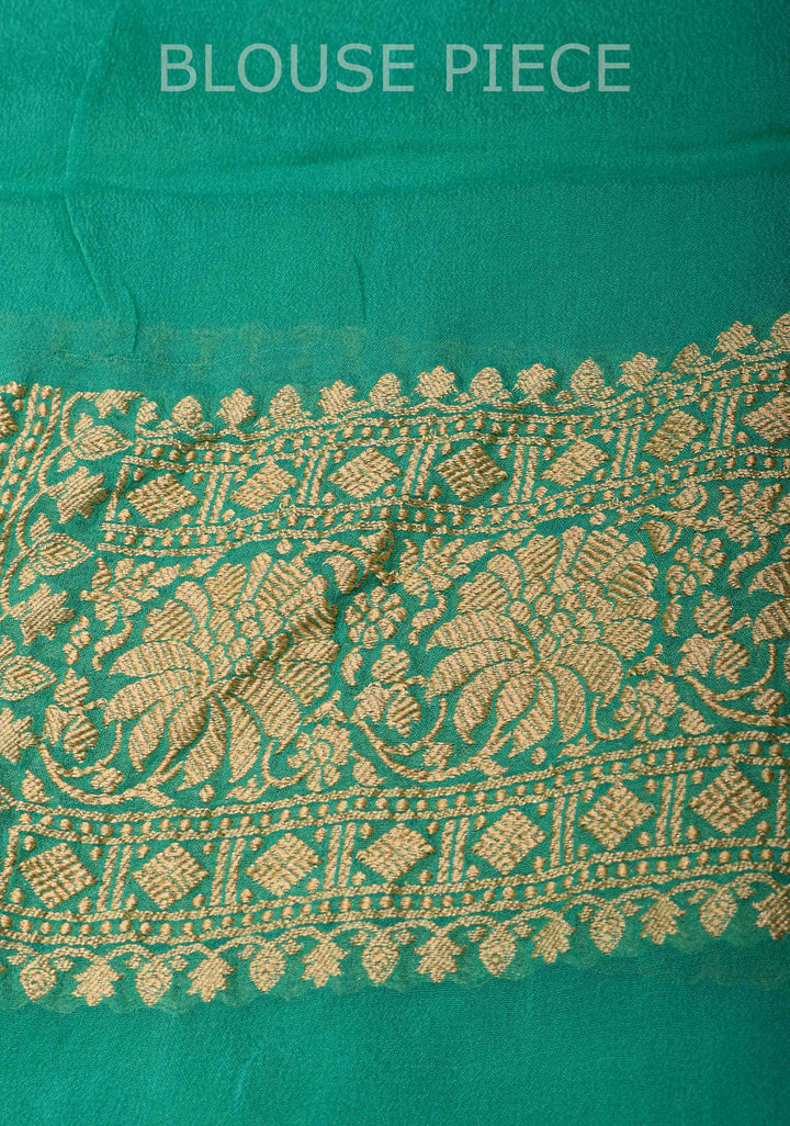 Sea Green Banarasi Georgette Silk Saree with Floral Chevron Pattern and Zari Border | SILK MARK CRTIFIED