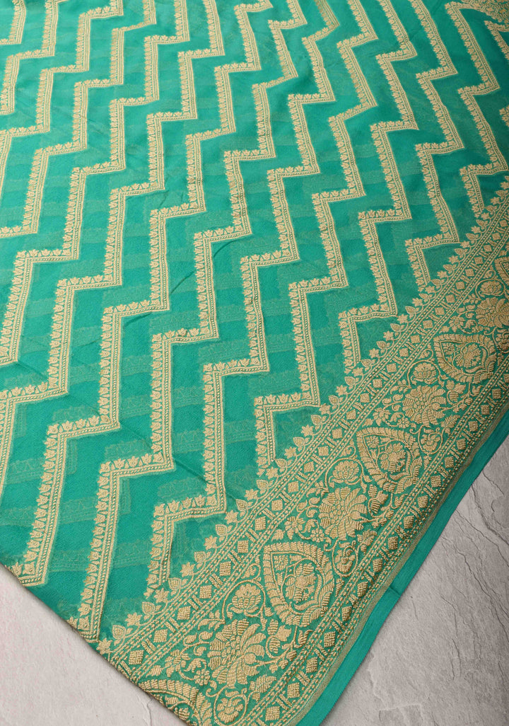Sea Green Banarasi Georgette Silk Saree with Floral Chevron Pattern and Zari Border | SILK MARK CRTIFIED