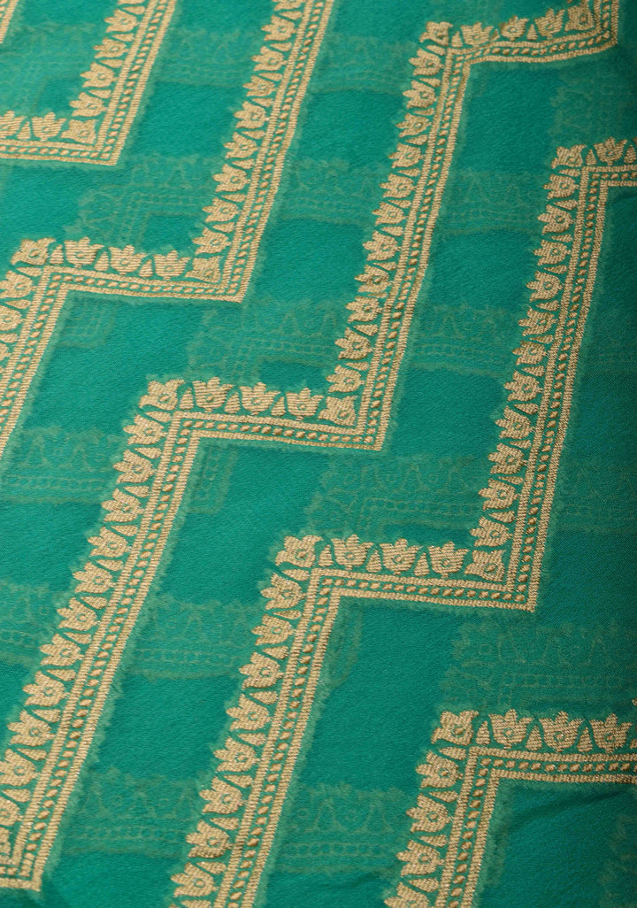 Sea Green Banarasi Georgette Silk Saree with Floral Chevron Pattern and Zari Border | SILK MARK CRTIFIED
