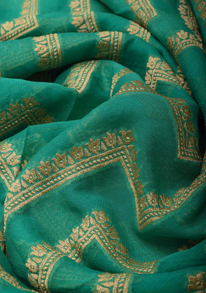 Sea Green Banarasi Georgette Silk Saree with Floral Chevron Pattern and Zari Border | SILK MARK CRTIFIED