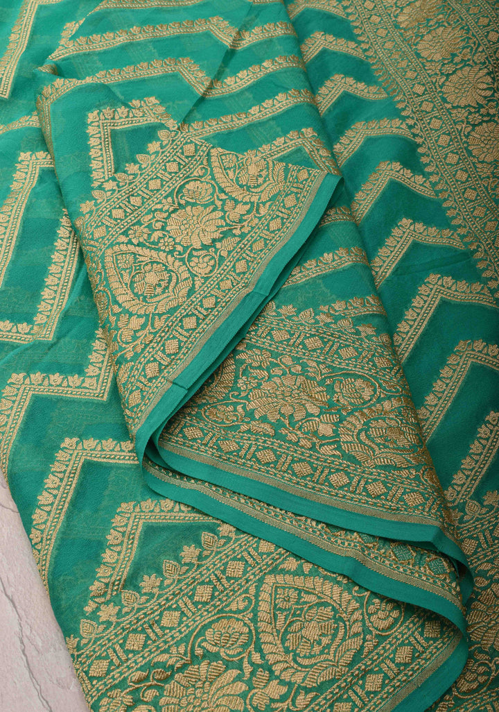 Sea Green Banarasi Georgette Silk Saree with Floral Chevron Pattern and Zari Border | SILK MARK CRTIFIED