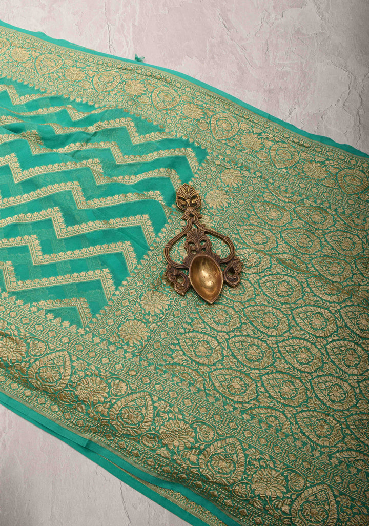 Sea Green Banarasi Georgette Silk Saree with Floral Chevron Pattern and Zari Border | SILK MARK CRTIFIED