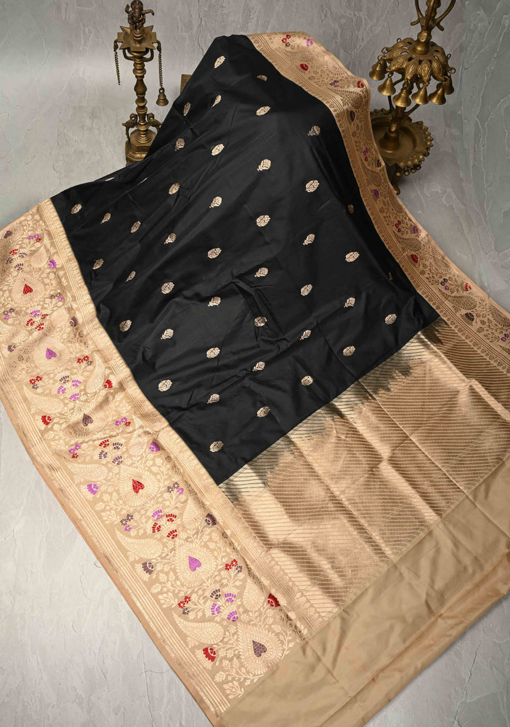 Black Pure Banarasi Katan Silk Saree with Floral Zari Buttas and Contrast Meenakari Wide Border| SILK MARK CERTIFIED