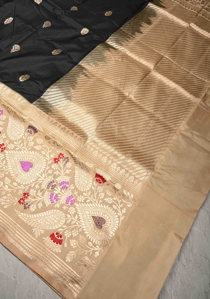 Black Pure Banarasi Katan Silk Saree with Floral Zari Buttas and Contrast Meenakari Wide Border| SILK MARK CERTIFIED