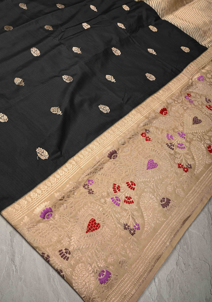 Black Pure Banarasi Katan Silk Saree with Floral Zari Buttas and Contrast Meenakari Wide Border| SILK MARK CERTIFIED