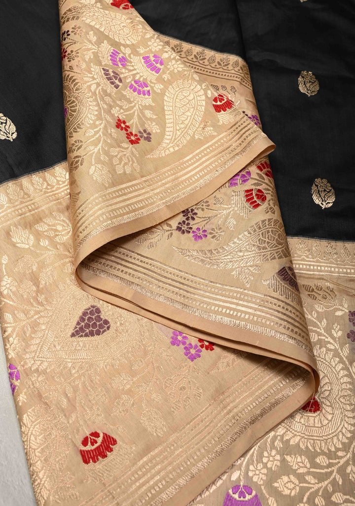 Black Pure Banarasi Katan Silk Saree with Floral Zari Buttas and Contrast Meenakari Wide Border| SILK MARK CERTIFIED