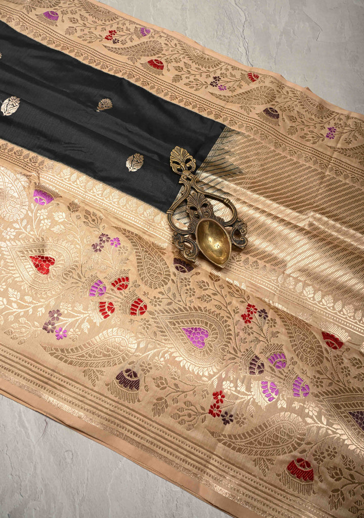 Black Pure Banarasi Katan Silk Saree with Floral Zari Buttas and Contrast Meenakari Wide Border| SILK MARK CERTIFIED