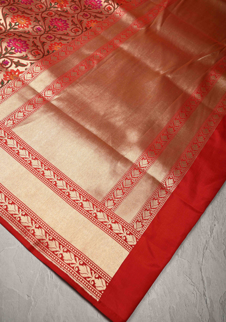 Exquisite Meenakari Tissue Paithani Style Banarasi Silk Saree in Red-gold with Zari Border | SILK MARK CERTIFIED