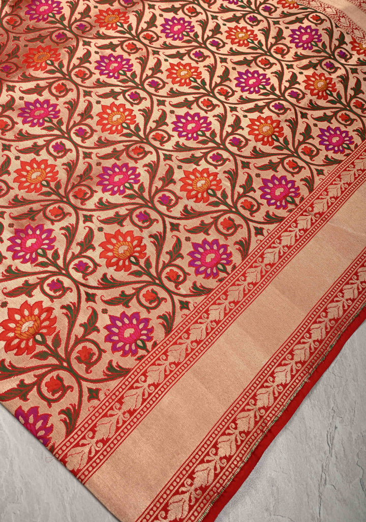 Exquisite Meenakari Tissue Paithani Style Banarasi Silk Saree in Red-gold with Zari Border | SILK MARK CERTIFIED