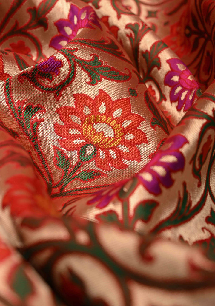 Exquisite Meenakari Tissue Paithani Style Banarasi Silk Saree in Red-gold with Zari Border | SILK MARK CERTIFIED