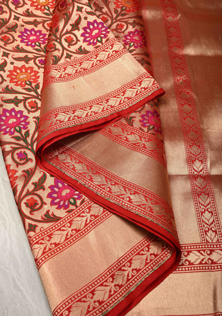 Exquisite Meenakari Tissue Paithani Style Banarasi Silk Saree in Red-gold with Zari Border | SILK MARK CERTIFIED