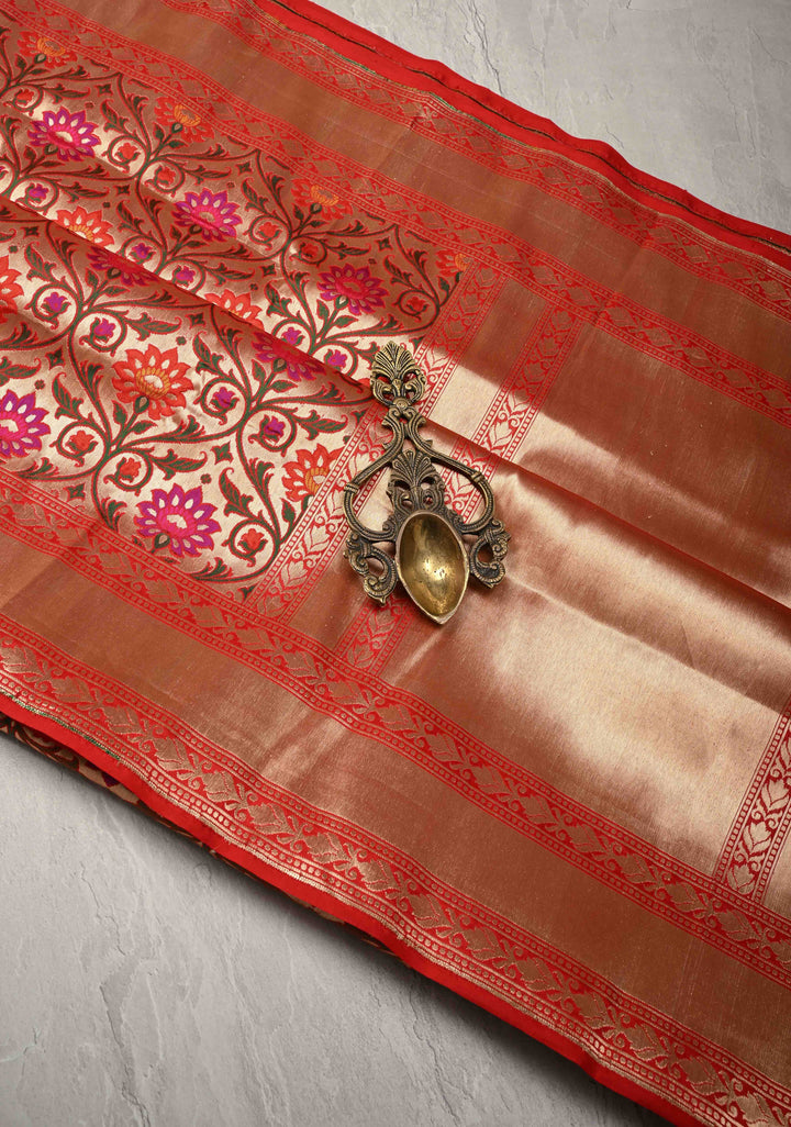 Exquisite Meenakari Tissue Paithani Style Banarasi Silk Saree in Red-gold with Zari Border | SILK MARK CERTIFIED