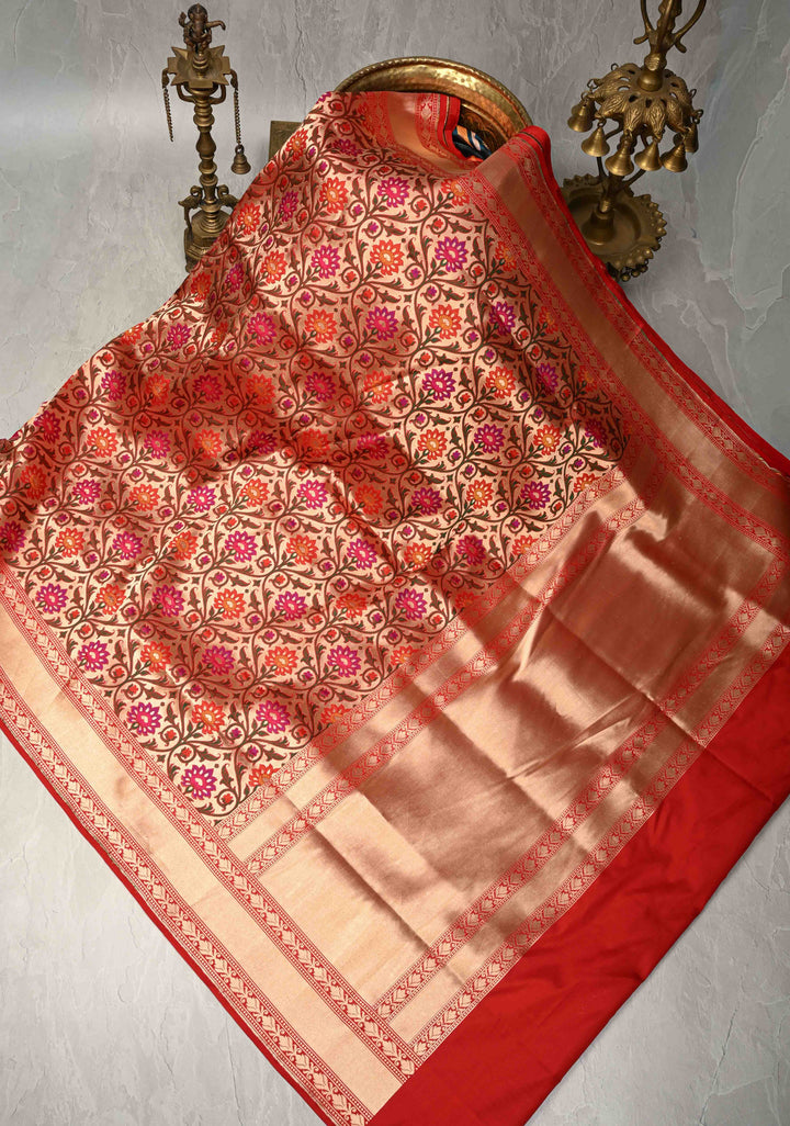Exquisite Meenakari Tissue Paithani Style Banarasi Silk Saree in Red-gold with Zari Border | SILK MARK CERTIFIED