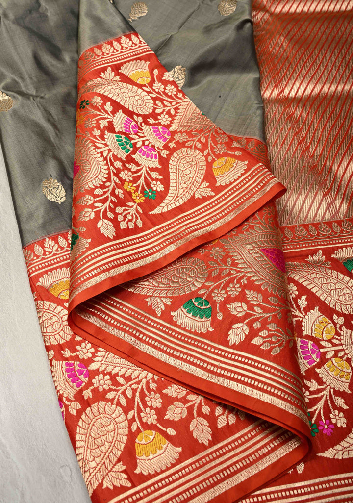 Grey Pure Banarasi Katan Silk Saree with Floral Zari Buttas and Contrst  Meenakari Wide Border | SILK MARK CERTIFIED
