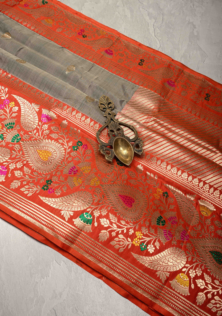 Grey Pure Banarasi Katan Silk Saree with Floral Zari Buttas and Contrst  Meenakari Wide Border | SILK MARK CERTIFIED