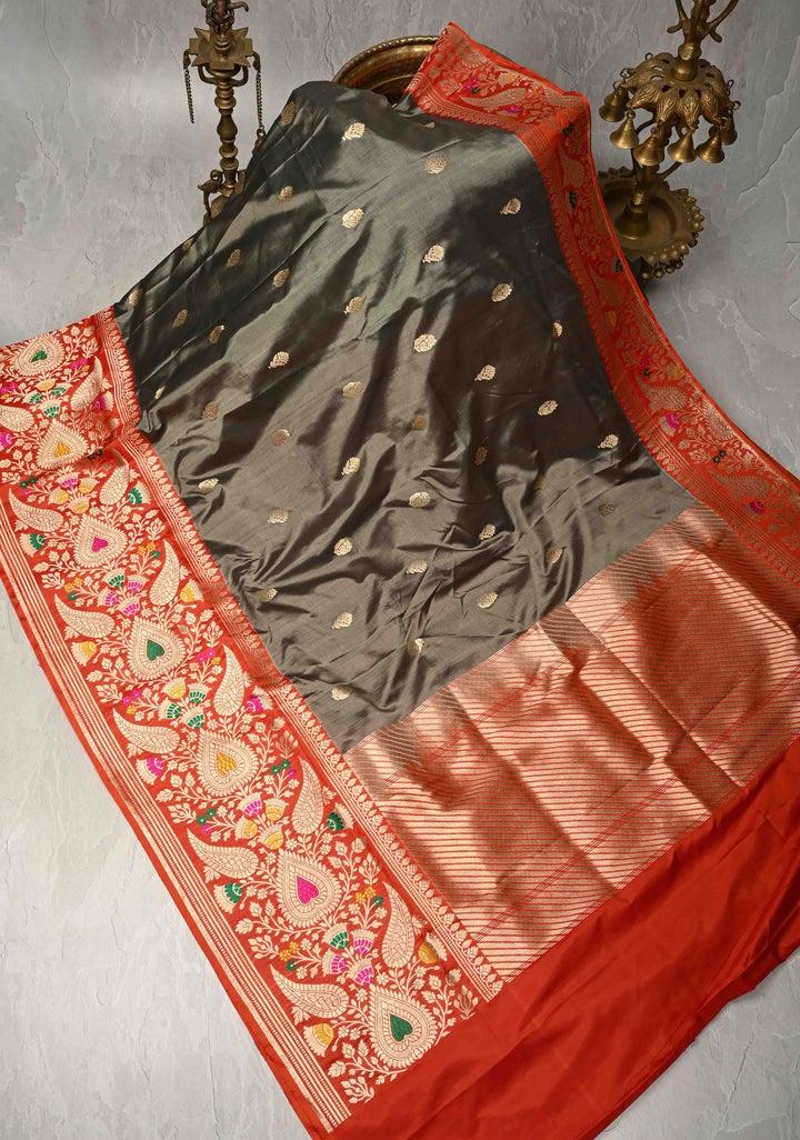 Grey Pure Banarasi Katan Silk Saree with Floral Zari Buttas and Contrst  Meenakari Wide Border | SILK MARK CERTIFIED