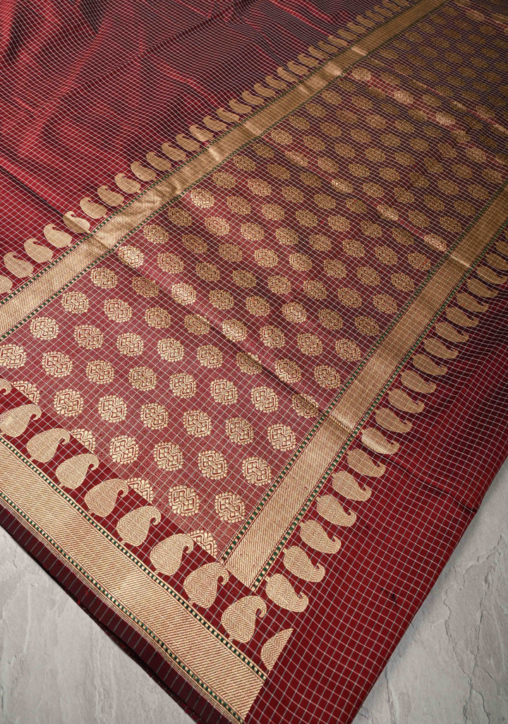 Maroon Banarasi Katan  Silk Saree with Checks Pattern and Zari Border | SILK MARK CERTIFIED