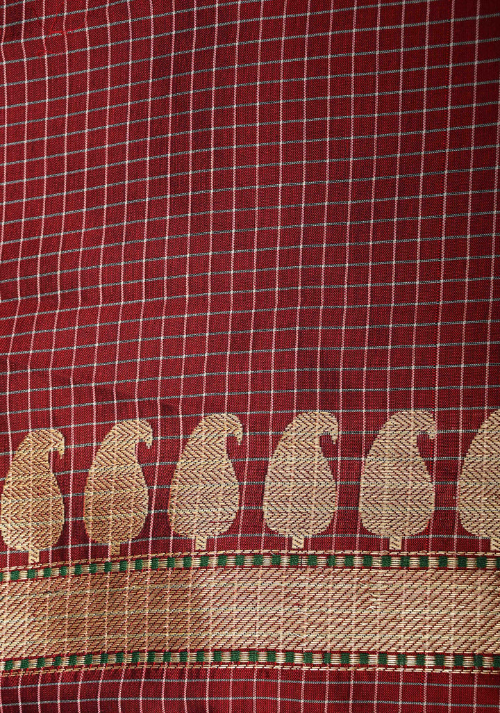 Maroon Banarasi Katan  Silk Saree with Checks Pattern and Zari Border | SILK MARK CERTIFIED