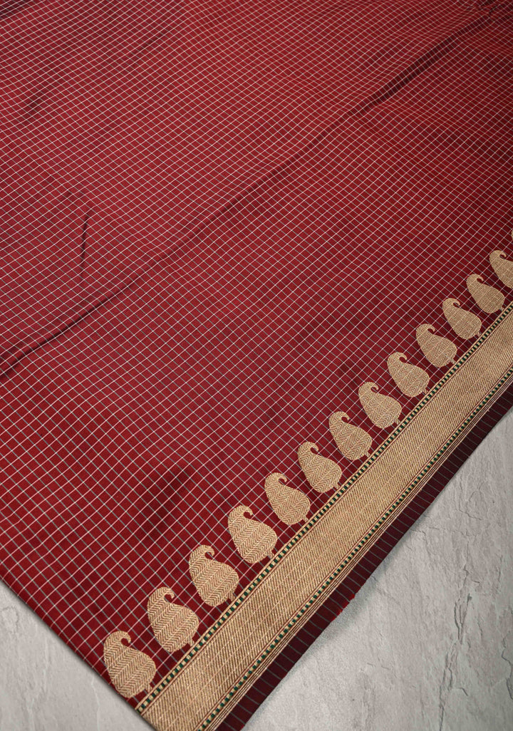 Maroon Banarasi Katan  Silk Saree with Checks Pattern and Zari Border | SILK MARK CERTIFIED