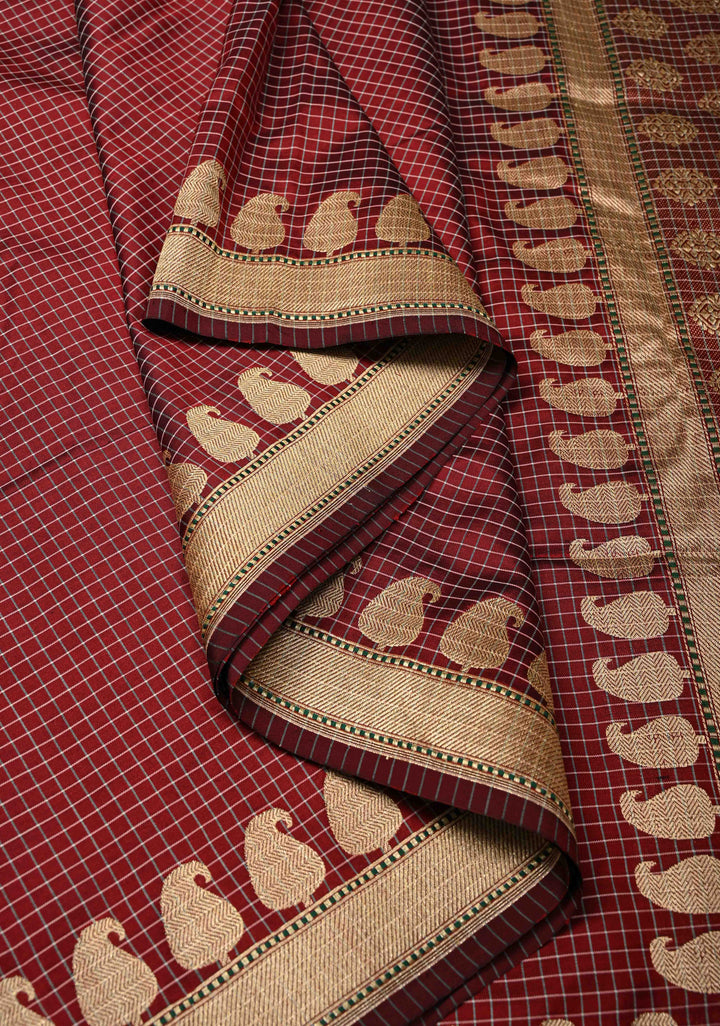 Maroon Banarasi Katan  Silk Saree with Checks Pattern and Zari Border | SILK MARK CERTIFIED