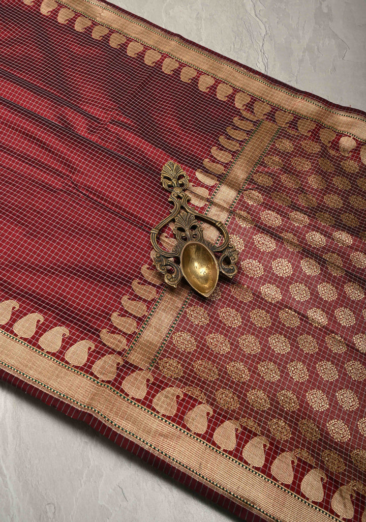 Maroon Banarasi Katan  Silk Saree with Checks Pattern and Zari Border | SILK MARK CERTIFIED