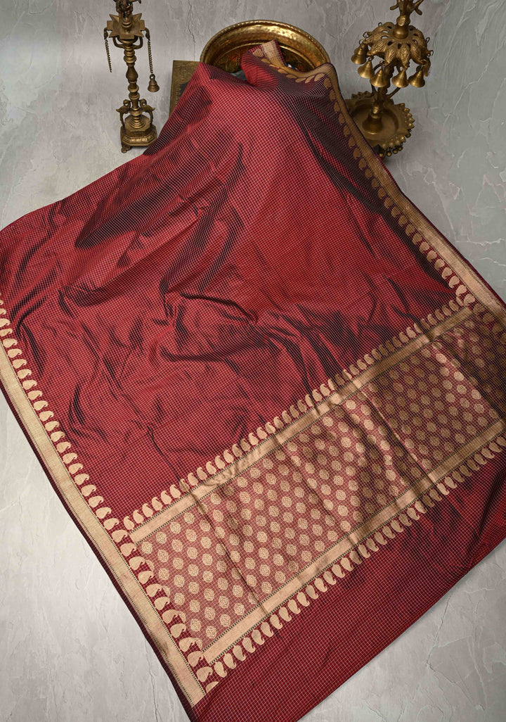 Maroon Banarasi Katan  Silk Saree with Checks Pattern and Zari Border | SILK MARK CERTIFIED