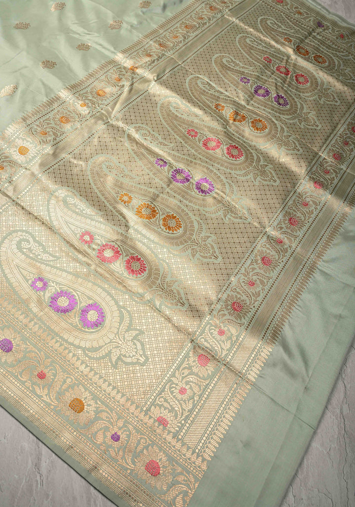 Sage Green Pure Banarasi Katan Silk Saree with Floral Zari buttas and Meenakari Zari Border-Pllu | SILK MARK CERTIFIED