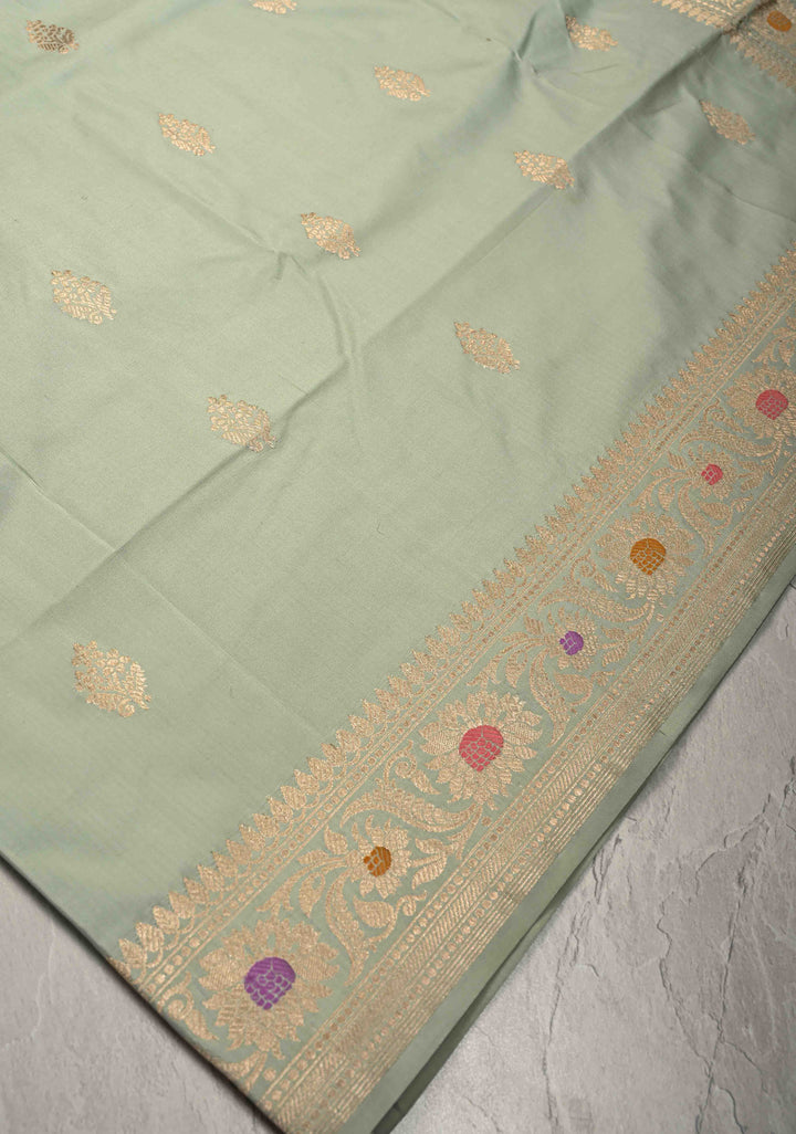 Sage Green Pure Banarasi Katan Silk Saree with Floral Zari buttas and Meenakari Zari Border-Pllu | SILK MARK CERTIFIED