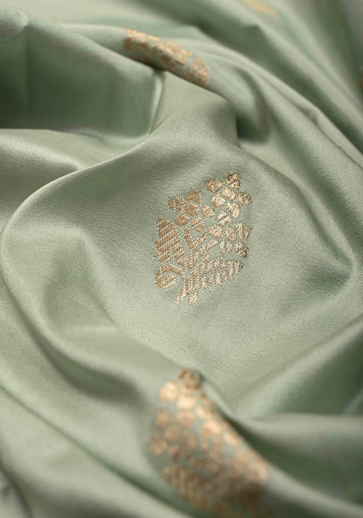 Sage Green Pure Banarasi Katan Silk Saree with Floral Zari buttas and Meenakari Zari Border-Pllu | SILK MARK CERTIFIED