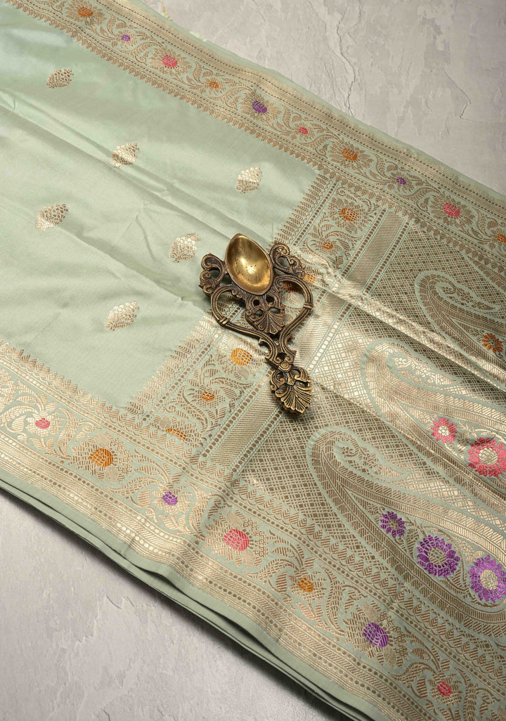 Sage Green Pure Banarasi Katan Silk Saree with Floral Zari buttas and Meenakari Zari Border-Pllu | SILK MARK CERTIFIED