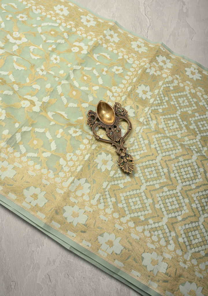 Muted Sage Banarasi Kora Silk Saree with Meenakari Brocade Jaal and Zari Border | SILK MARK CERTIFIED