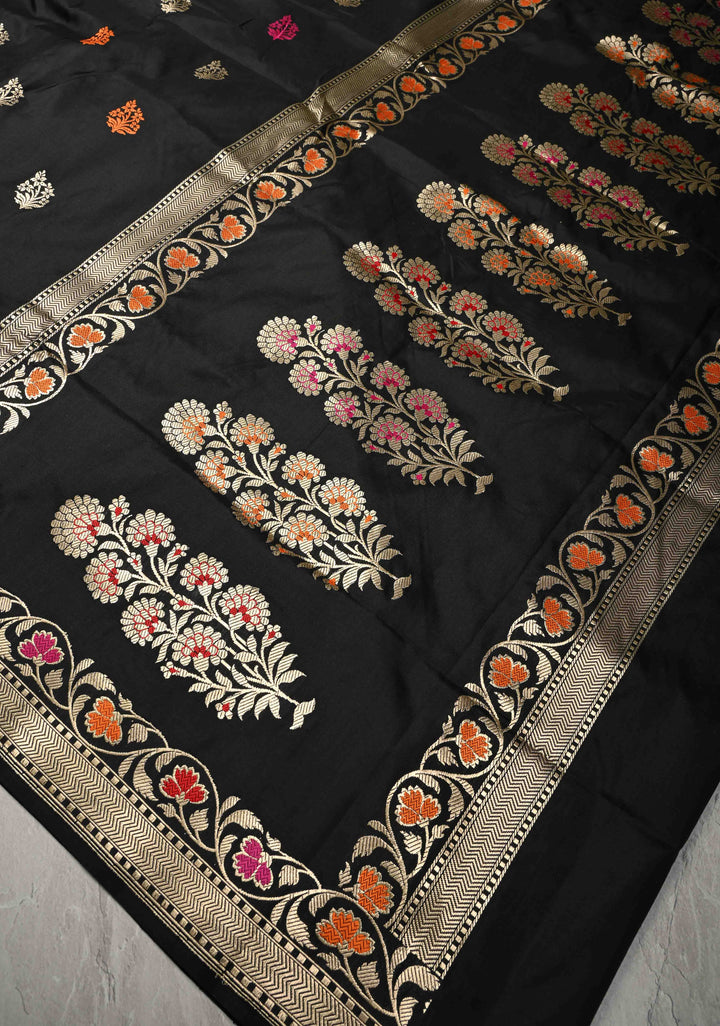 Black Meenakari on Pure Banarasi Katan Silk Saree with Floral buttas and Zari Border-pallu | SILK MARK CERTIFIED