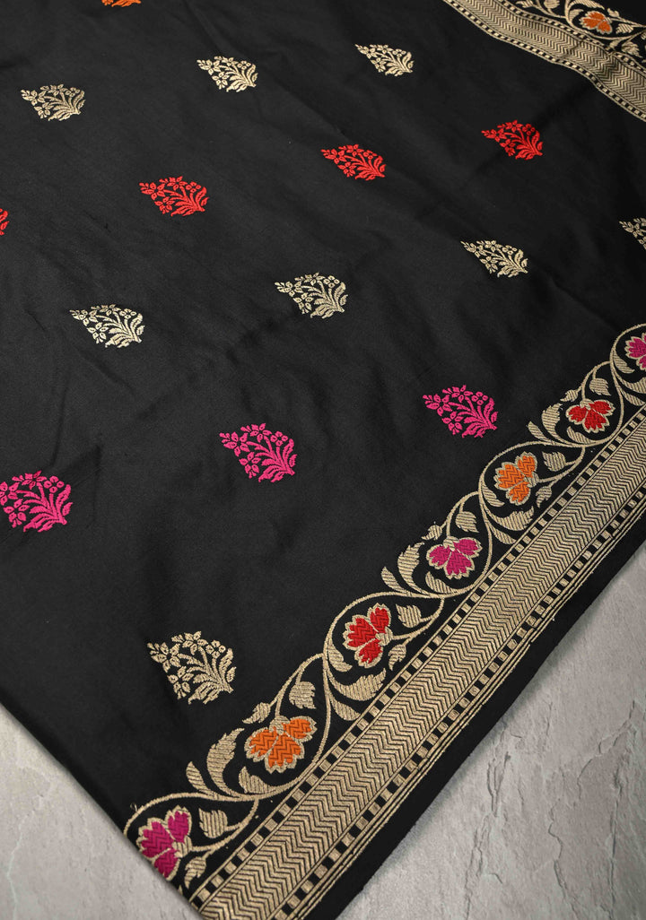 Black Meenakari on Pure Banarasi Katan Silk Saree with Floral buttas and Zari Border-pallu | SILK MARK CERTIFIED
