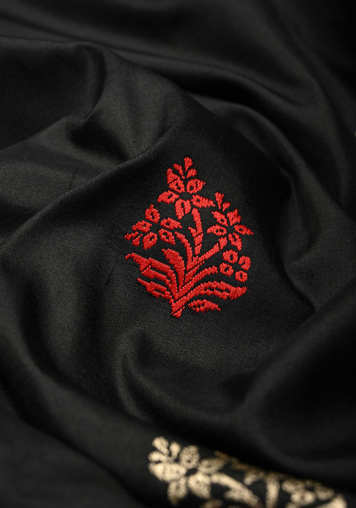 Black Meenakari on Pure Banarasi Katan Silk Saree with Floral buttas and Zari Border-pallu | SILK MARK CERTIFIED