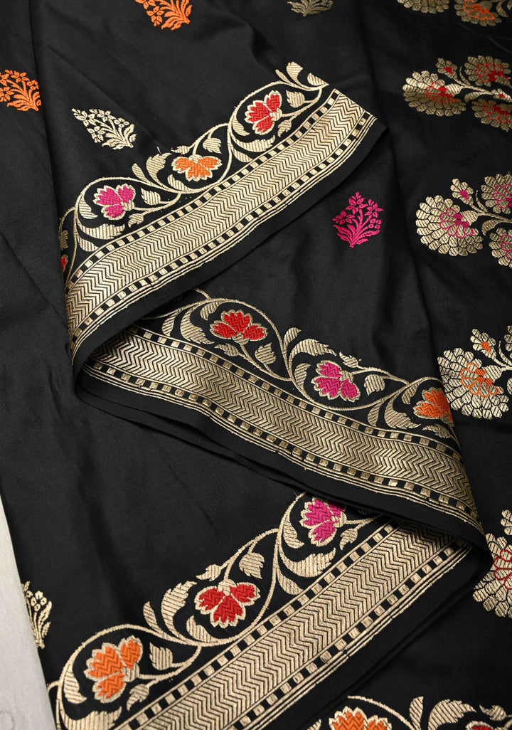 Black Meenakari on Pure Banarasi Katan Silk Saree with Floral buttas and Zari Border-pallu | SILK MARK CERTIFIED
