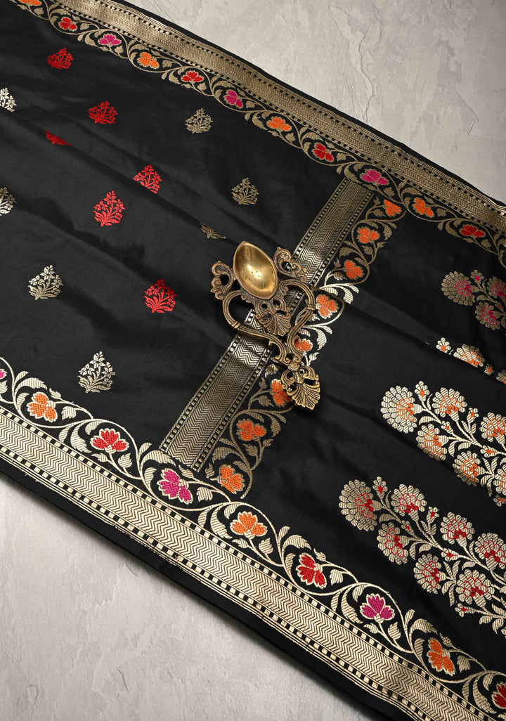 Black Meenakari on Pure Banarasi Katan Silk Saree with Floral buttas and Zari Border-pallu | SILK MARK CERTIFIED