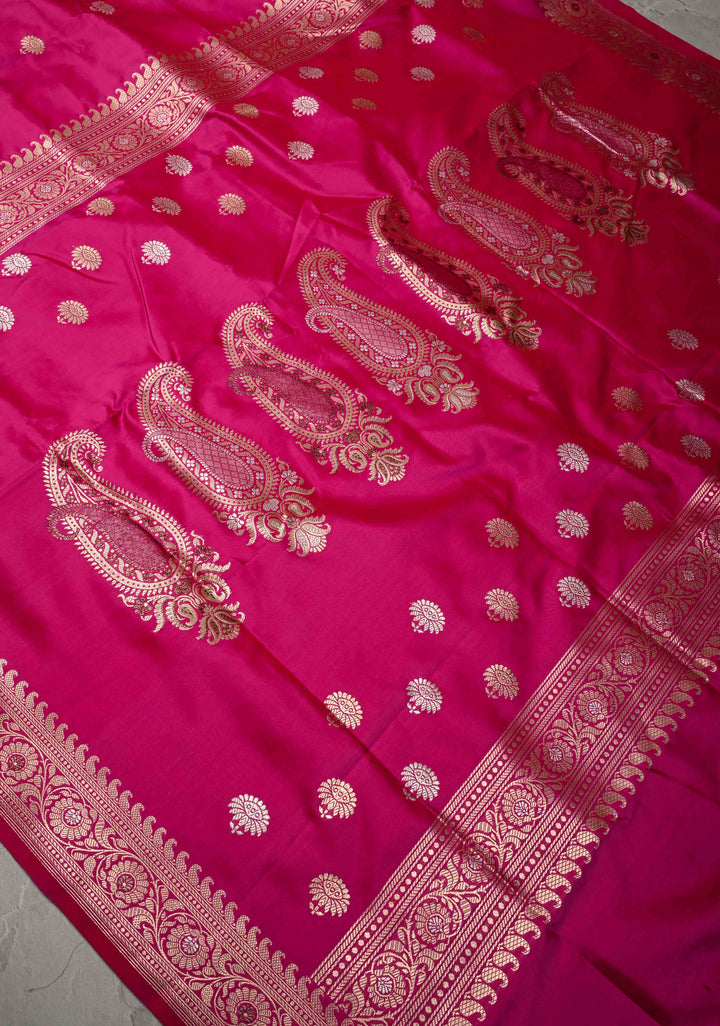Banarasi Baluchari Rani Pink Pure Katan Silk Saree with Floral Gold Silver Zari buttas and Meenakari Zari Border| SILK MARK CERTIFIED