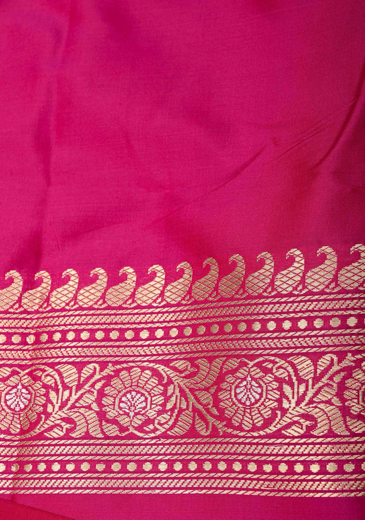 Banarasi Baluchari Rani Pink Pure Katan Silk Saree with Floral Gold Silver Zari buttas and Meenakari Zari Border| SILK MARK CERTIFIED