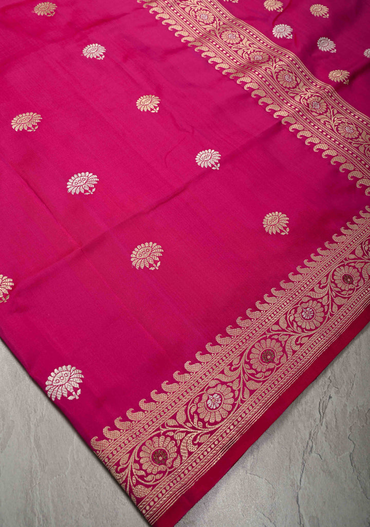 Banarasi Baluchari Rani Pink Pure Katan Silk Saree with Floral Gold Silver Zari buttas and Meenakari Zari Border| SILK MARK CERTIFIED