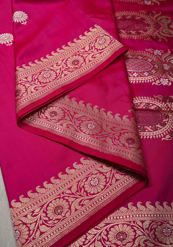 Banarasi Baluchari Rani Pink Pure Katan Silk Saree with Floral Gold Silver Zari buttas and Meenakari Zari Border| SILK MARK CERTIFIED