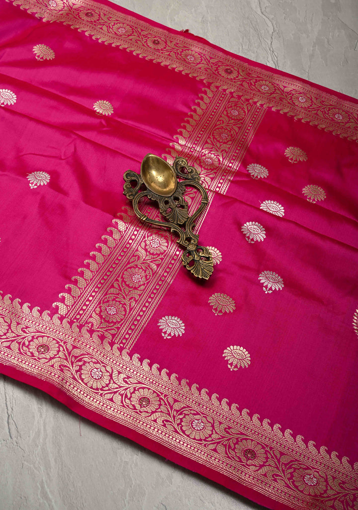 Banarasi Baluchari Rani Pink Pure Katan Silk Saree with Floral Gold Silver Zari buttas and Meenakari Zari Border| SILK MARK CERTIFIED