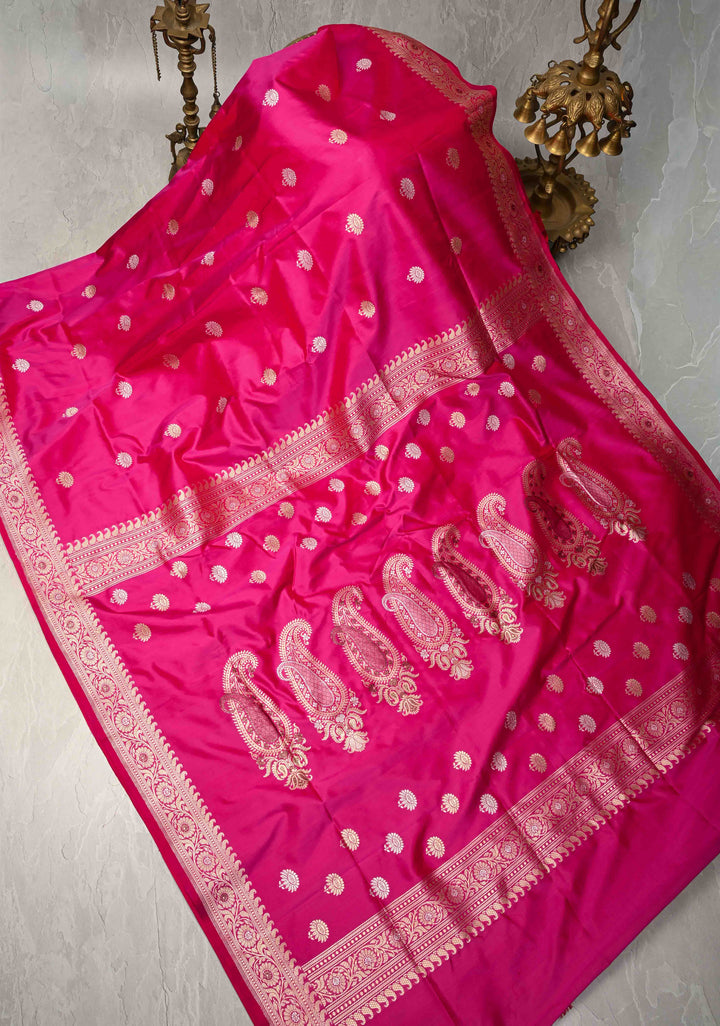 Banarasi Baluchari Rani Pink Pure Katan Silk Saree with Floral Gold Silver Zari buttas and Meenakari Zari Border| SILK MARK CERTIFIED