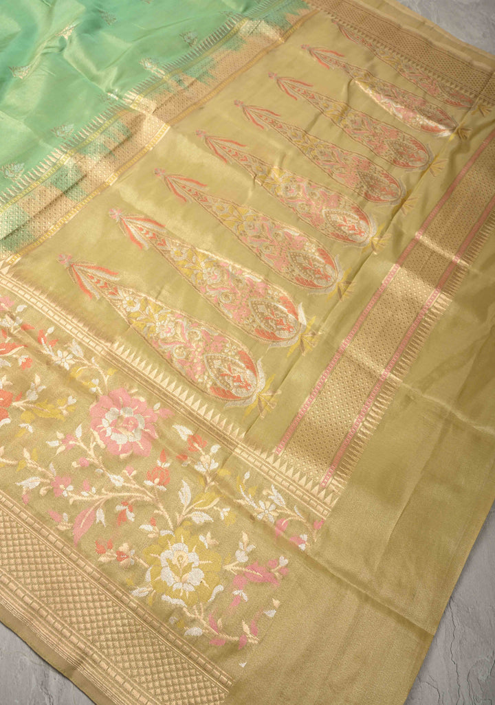 Dark Sage Green Banarasi Katan Tissue Silk Saree with Meenakari Zari buttas and Contrst Zari Border | SILK MARK CERTIFIED