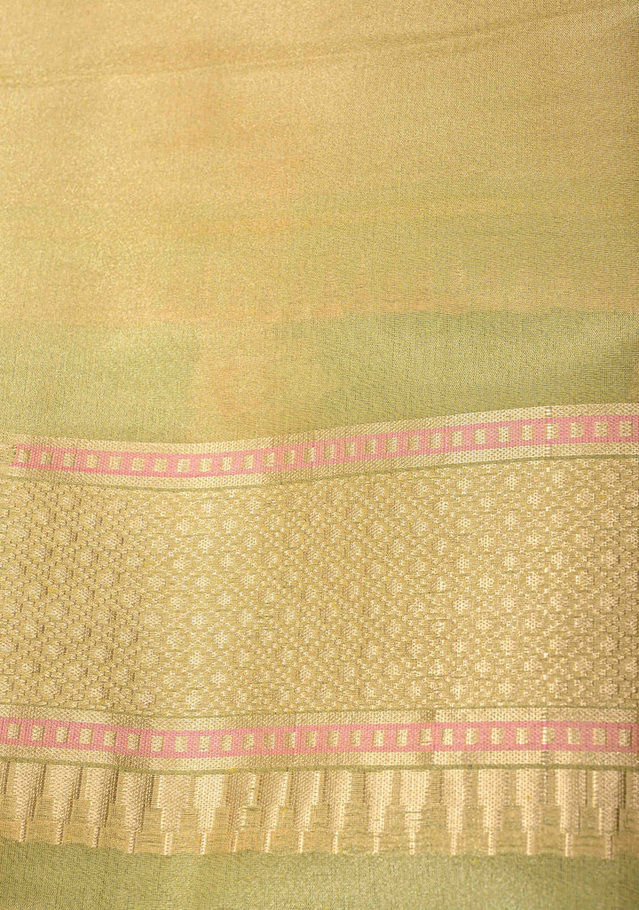 Dark Sage Green Banarasi Katan Tissue Silk Saree with Meenakari Zari buttas and Contrst Zari Border | SILK MARK CERTIFIED