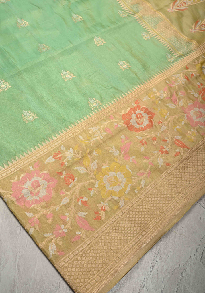 Dark Sage Green Banarasi Katan Tissue Silk Saree with Meenakari Zari buttas and Contrst Zari Border | SILK MARK CERTIFIED