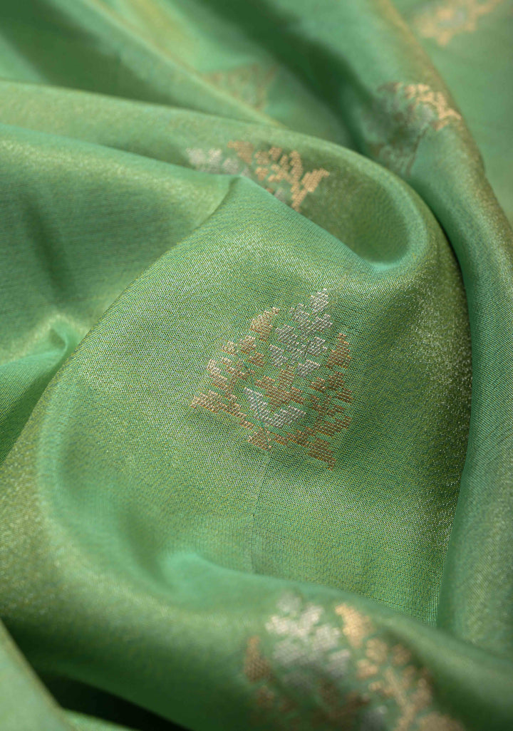 Dark Sage Green Banarasi Katan Tissue Silk Saree with Meenakari Zari buttas and Contrst Zari Border | SILK MARK CERTIFIED