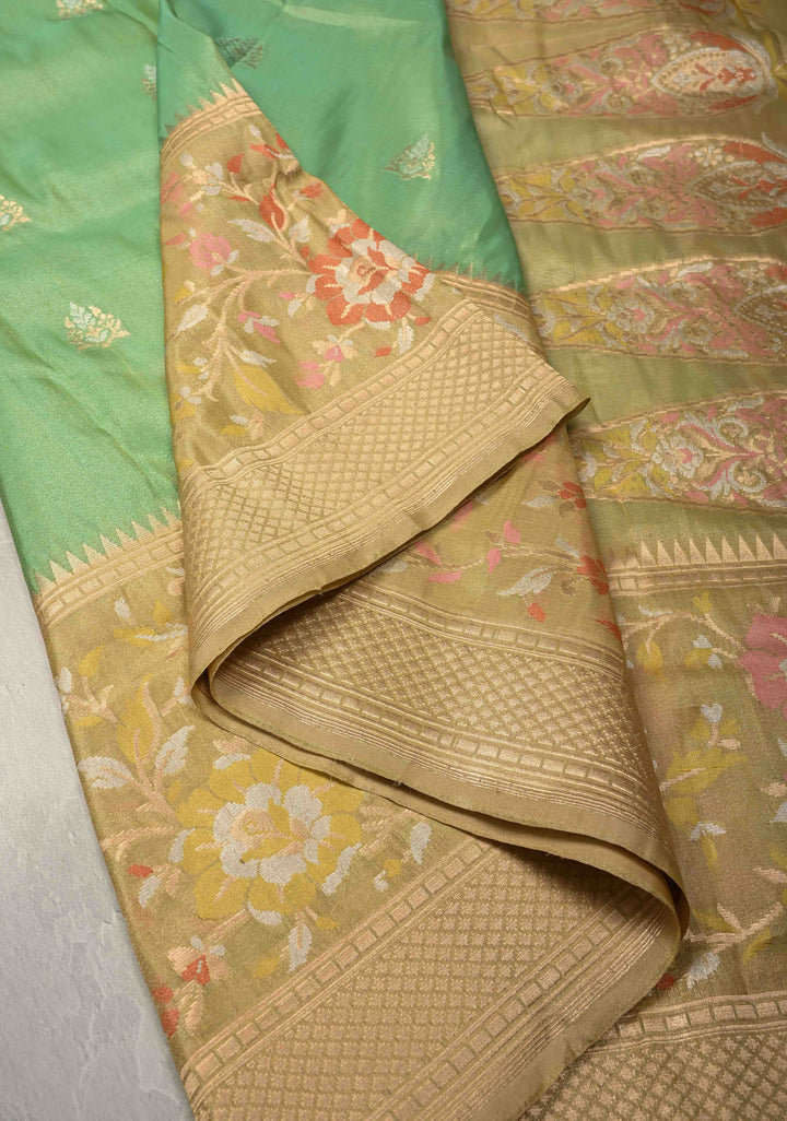 Dark Sage Green Banarasi Katan Tissue Silk Saree with Meenakari Zari buttas and Contrst Zari Border | SILK MARK CERTIFIED