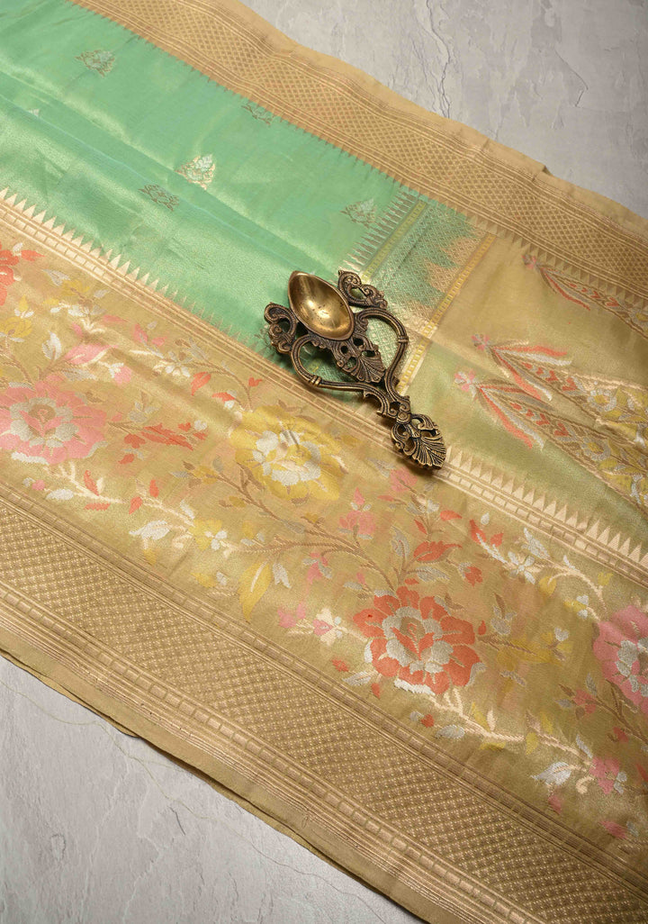 Dark Sage Green Banarasi Katan Tissue Silk Saree with Meenakari Zari buttas and Contrst Zari Border | SILK MARK CERTIFIED