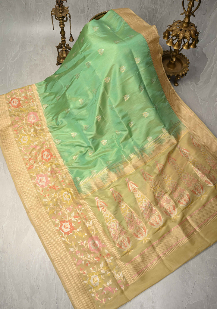 Dark Sage Green Banarasi Katan Tissue Silk Saree with Meenakari Zari buttas and Contrst Zari Border | SILK MARK CERTIFIED